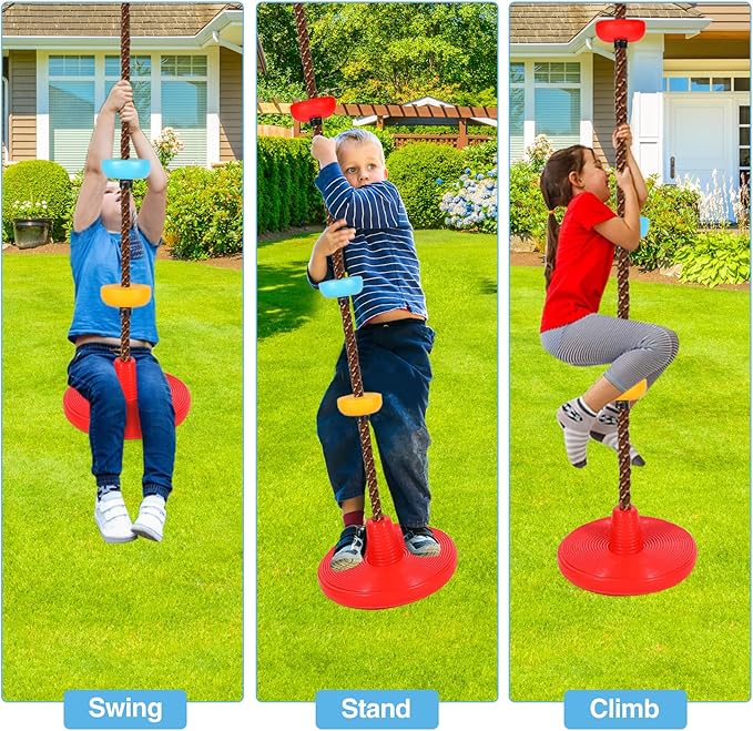 REDCAMP 2 Pack Climbing Rope Swings for Trees, Heavy Duty Plastic Disc Swing Seat for Kids with Hanging Strap and Snap Hooks, Red