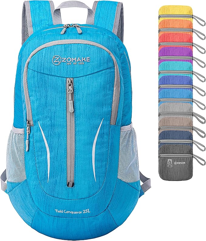 ZOMAKE 25L Ultra Lightweight Packable Backpack, Foldable Hiking Backpacks Water Resistant Small Folding Daypack for Travel(Light Blue)