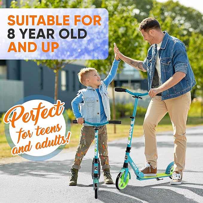 Hurtle Renegade Kick Scooter for Kids, Teenagers & Adults - 2-Wheel Folding Scooter with Adjustable T-Bar Handlebar - Alloy Anti-Slip Deck