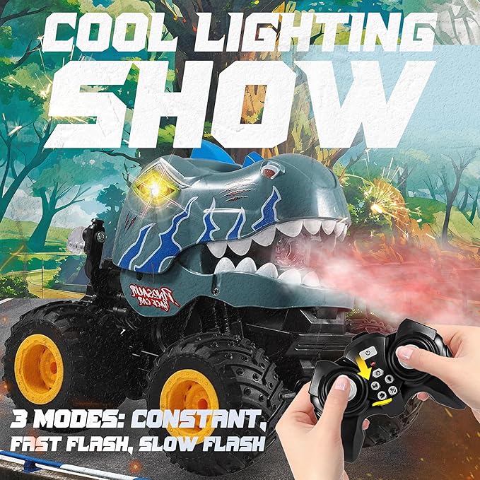 BEZGAR Monster Truck Toys - Remote Control Monster Truck with Spray, Light, Music, Dinosaur Toys for Kids, 1:20 Scale RC Truck with 360° Spins and Drifting, Remote Control Car for Boys 4-7 Gray