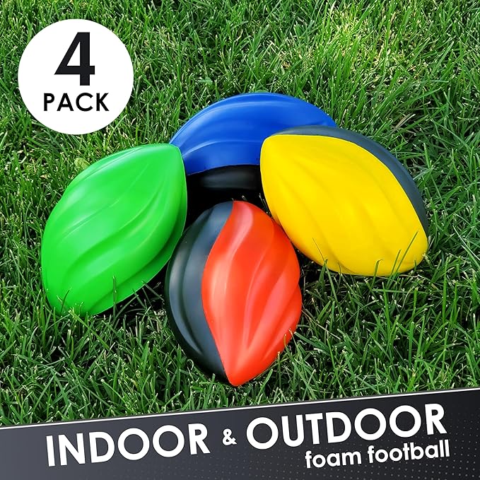 7" Spiral Mini Football for Kids 4 Pack - Foam Footballs for Kids - Soft, Small Footballs (Red, Yellow, Blue and Green)