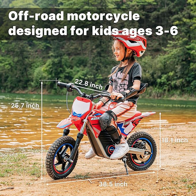 Electric Dirt Bike for Kids, Powerful Motorcycle for Ages 3-6, 24V 2.6Ah Lithium Battery, Dual Shock Absorption, 2 Speed Modes, Safe Disc Brake, 12Inch Off Road Tires, Red
