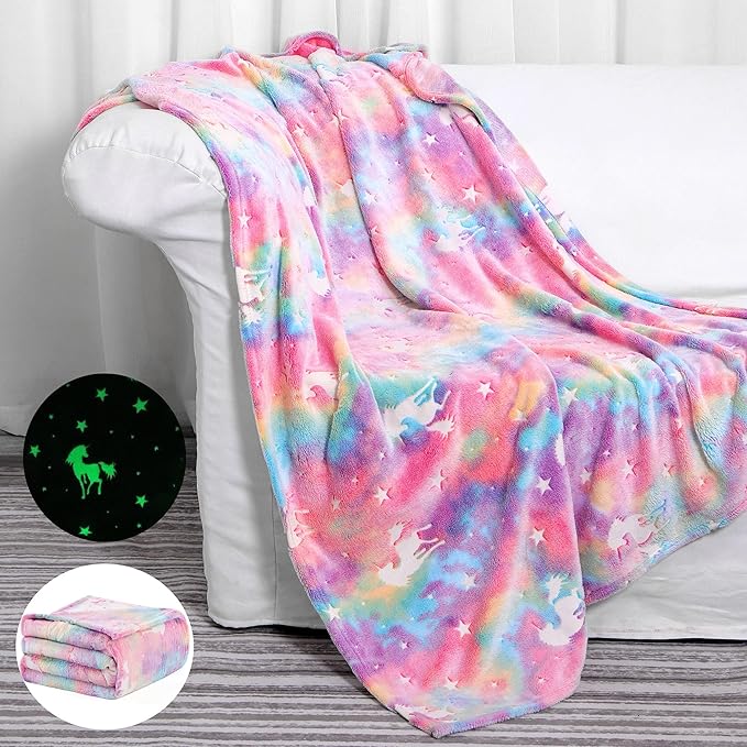 SALIMAH Glow in The Dark Blanket Unicorns Gifts for Girls, Toys for Girls Age 2 3 4 5 6 7 8 9 10 Year Old, Soft Kids Blankets Gifts for Grandkids Teens for Christmas Birthday, 60"x80"