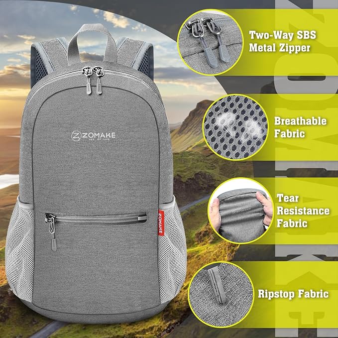 ZOMAKE 10L Lightweight Packable Hiking Backpack - Small Travel Hiking Daypack for Women Men - Tear Resistant Foldable Day Pack for Camping Outdoor Sports(Grey)
