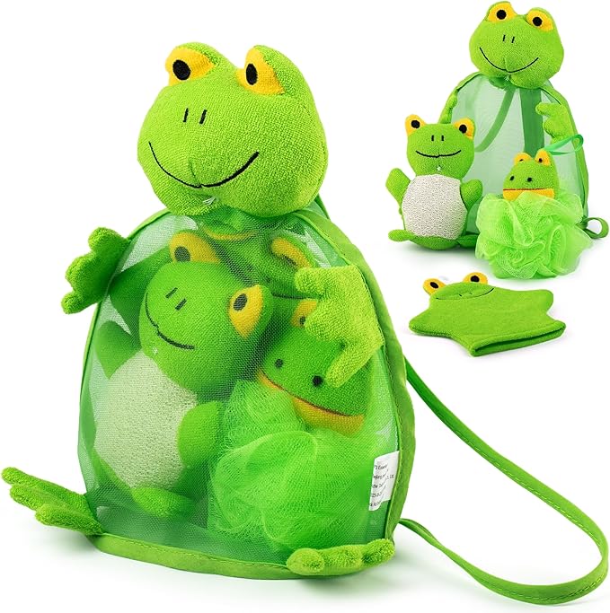Baby Bath Set – Soft & Durable Frog-Themed Loofah Scrubber Kit – Cute Cartoon Bathing Accessories for Kids – Gentle Exfoliating Wash Mitt & Body Scrubber – Easy to Use