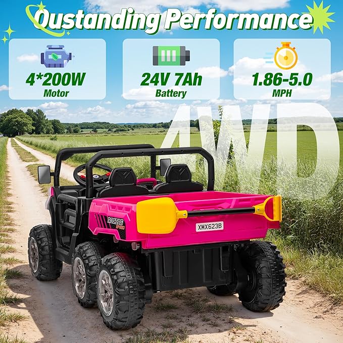 24V XL 2 Seater Ride on Dump Truck, 7AH Battery Powered Golf Cart for Kids w/800W Powerful Motors, Remote Control, Detachable Awning, Dump Bed & Shovel, Electric Kids UTV for Boy Girl, Hot Pink