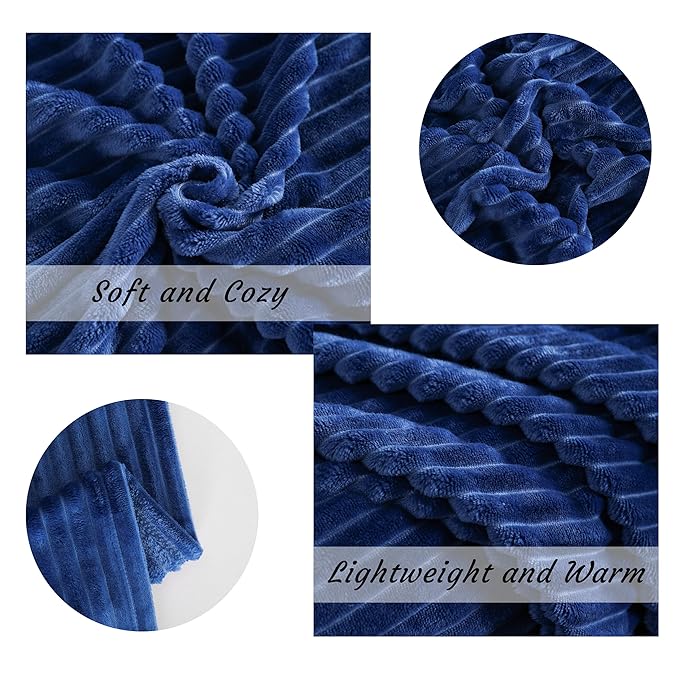 NTBAY Plush Flannel Twin Bed Blanket, 60x80 Inches Soft and Warm Lightweight Bed Blanket with Striped Texture for Couch, Sofa, All Seasons, Navy Blue