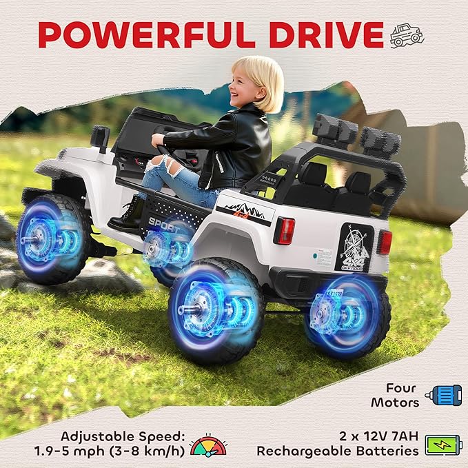 Qaba 24V 2-Seater Kids Ride on Truck Car, 44-50" L Adjustable 4WD Electric Car, 5 MPH Max Speed, Remote Control, Spring Suspension, Storage and LED Lights for Kids Ages 37-95 Months, White