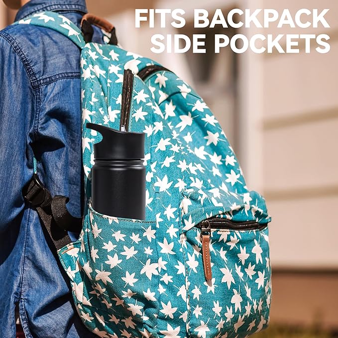 16 oz Insulated Water Bottle for School, Straw & Spout Lid, Keep Cold 24H, Spill Proof, BPA-Free, Double Wall Stainless Steel Kids Water Bottles for Sports, Gym, Travel, Black