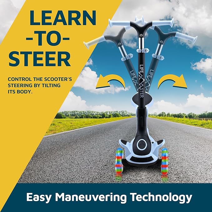 Kids Scooter – Foldable Seat – LED Wheel Lights Illuminate When Rolling – Children and Toddler 3 Wheel Kick Scooter – Adjustable Handlebar – Indoor and Outdoor- by Lifemaster