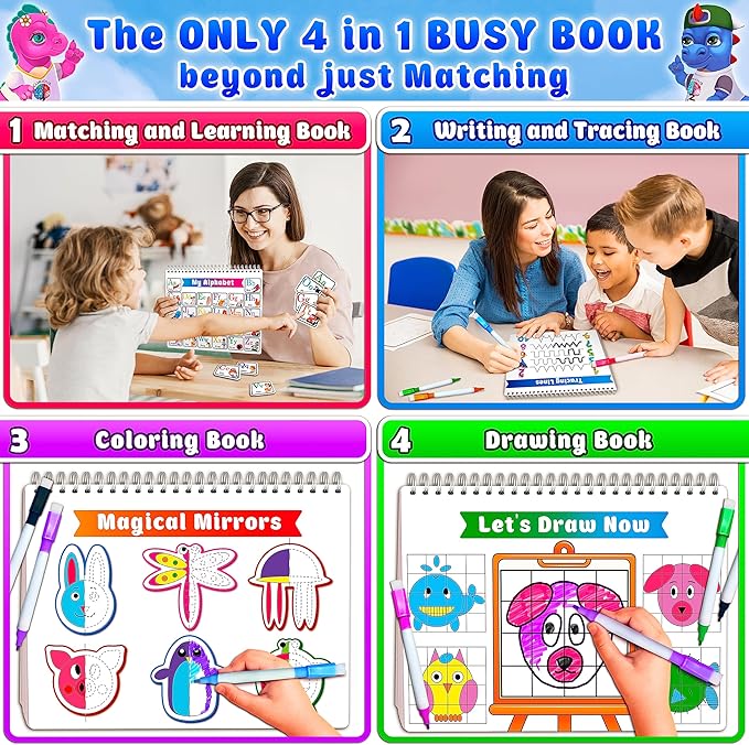 Curious 2 Learn Montessori Busy Book for Toddlers Ages 3-5 – Preassembled Preschool Learning Binder with 28 Activities, Travel Bag & 8 Markers – Educational Toy & Gift for 3 Year Old Boys (Blue)