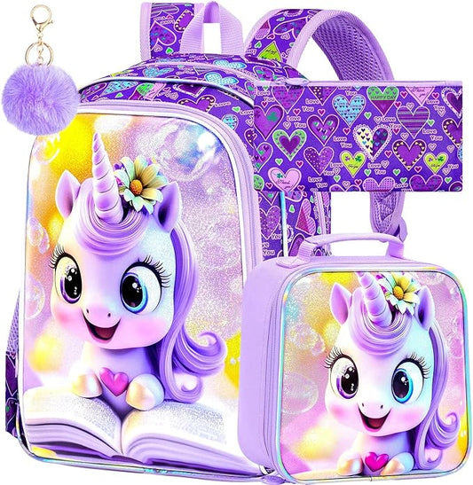CCJPX 3Pcs Unicorn Backpack, 16” Kids Girls Bookbag with Lunch Box, Water Resistant Elementary School Bag for Kindergarten Preschool Toddler (Purple)