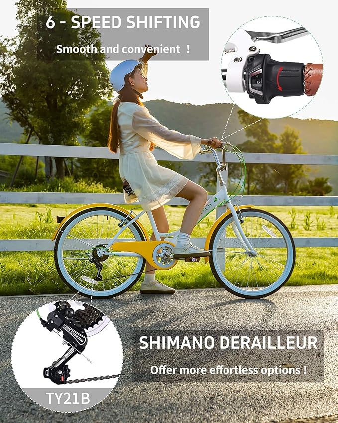 24 Inch 6-Speed Hybrid Beach Cruiser Bike for Girls Youth Ages Over 8 Years Old Kids Bicycle with Dual V-Brakes Adjustable Seat, Multiple Colors