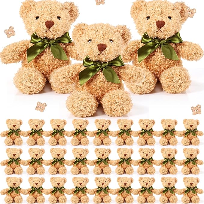 HyDren 30 Pcs Stuffed Animals Plush Bears Gifts Bulk Sleeping Playing Bear Toys with Bow Tie for Birthday Baby Shower Graduation Christmas Wedding Party Favor(10 Inch,Brown)