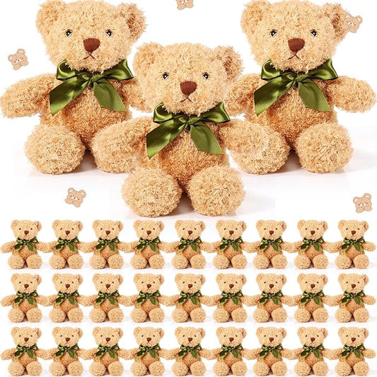 HyDren 30 Pcs Stuffed Animals Plush Bears Gifts Bulk Sleeping Playing Bear Toys with Bow Tie for Birthday Baby Shower Graduation Christmas Wedding Party Favor(10 Inch,Brown)
