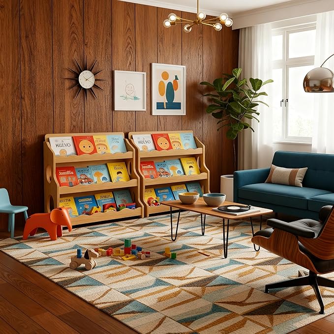 Kids Bookshelf Wooden Montessori Book Shelf Dutch Design 3Tier Scalloped,NaturalMapleWood Pattern