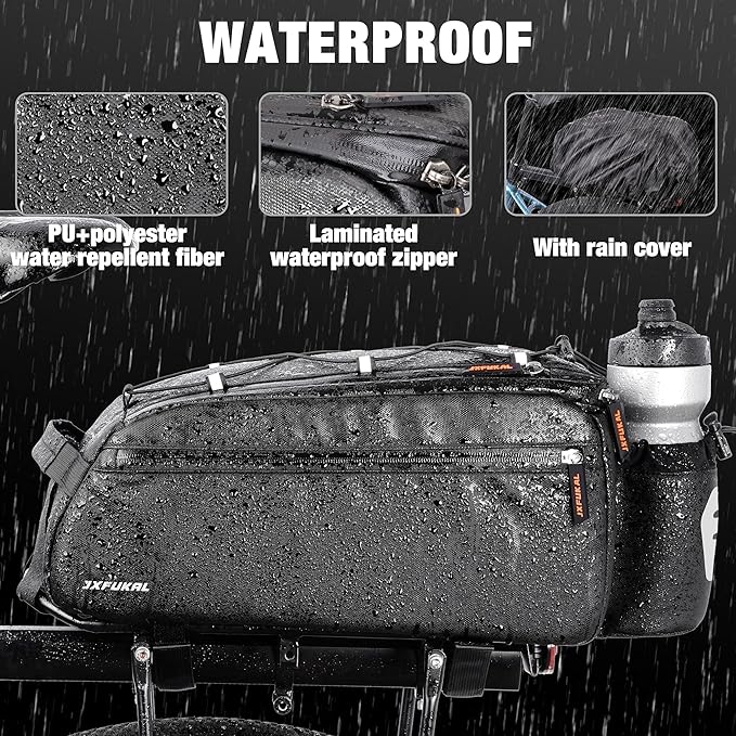 JXFUKAL Bike Bags for Bicycle Rear rack, 13L Supportive Bike Rack Bag Built-in Rigid side & Base Panel, Waterproof Reflective Ebike Trunk Pannier Saddle Seat Bag Carrier for Commuter Travel Outdoor