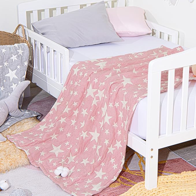 NTBAY 3 Layer Toddler Blanket, Muslin Cotton Jacquard Bed Blankets, Lightweight Thermal Baby Blanket, Super Soft and Warm Crib Blanket for All Seasons, Decoration Gift, 30"x40", Pink Star