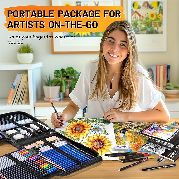 133 PCS Art Supplies Sketching Kit, Pro Drawing Pencils with Sketchbook, Coloring Book, Watercolor Pad, Black Paper Pad, Colored Graphite Charcoal Watercolor & Metallic Pencils for Artists Adults Kids