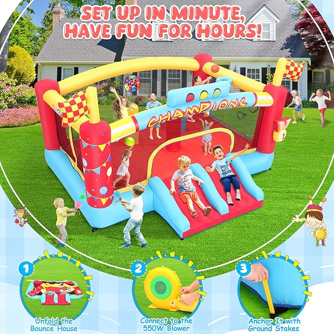 AKEYDIY Inflatable Obstacle Course Bounce House for Kids, 13.12FT x 11.16FT Racing Party Bouncy House for Kids 3-12 w/Large Jumping Area, Basketball Hoop & Racing Slide, Target Toss Game, 550W Blower