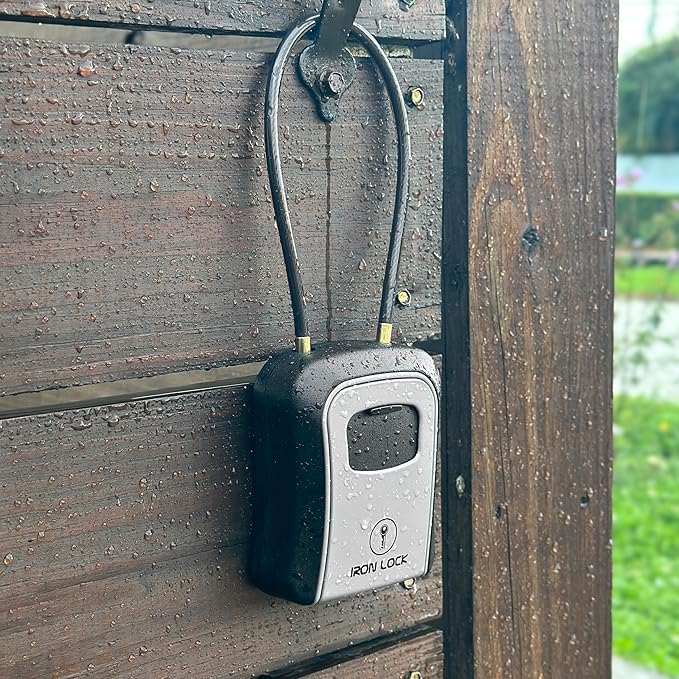 Iron Lock® Portable Key Lock Box and Wall Mounted with Removable Cable Shackle Outdoor Waterproof 4 Digit Combination with Resettable Code with A B Switch Key Lockbox for Outside (Medium, Grey)