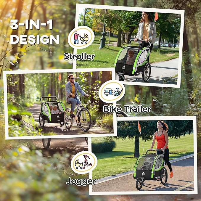Aosom 3-in-1 Walk/Jog/Ride Child Baby Bike Trailer for Kids 2 Seater, High-Visibility Bike Stroller for Toddler Wagon, Weather-Strong Double Bicycle Trailer Accessory for Kids