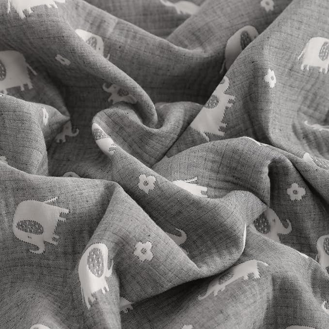 NTBAY 3 Layer Oversized Muslin Cotton Toddler Blanket, Jacquard Reversible Nursery Bed Blanket, Super Soft and Thermal for All Seasons, Baby Gift, 45"x60", Dark Grey Elephant