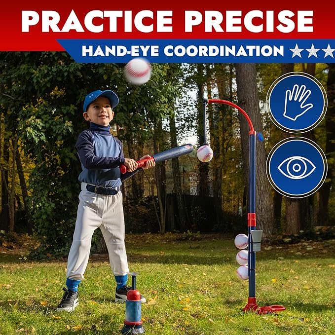 3-in-1 Baseball Set for Kids and Toddlers Ages 3-5 – Includes Tee Ball Stand, Hanging Tee, Automatic Ball Launcher, and 6 Softballs – Adjustable Height for Indoor/Outdoor Play – Sports Gift for Boys