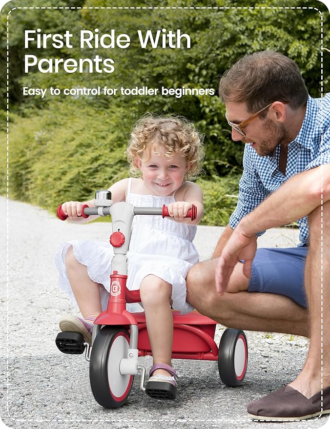 besrey Toddler Tricycle with Bell, Kids Tricycle Age 18 Months to 5 Years, Kids Trike, Toddler Bike for 1.5-5 Year Olds, Baby Trike, Gifts & Toys for Boys & Girls, New Red