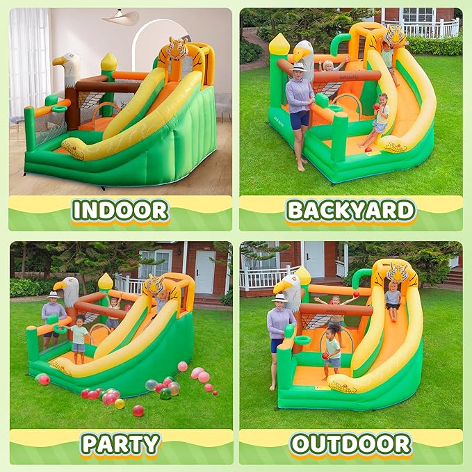 Bounce House with Slide for Kids, Inflatable Bouncy Castle with Blower, Basketball Hoop and Toss Game for Parties