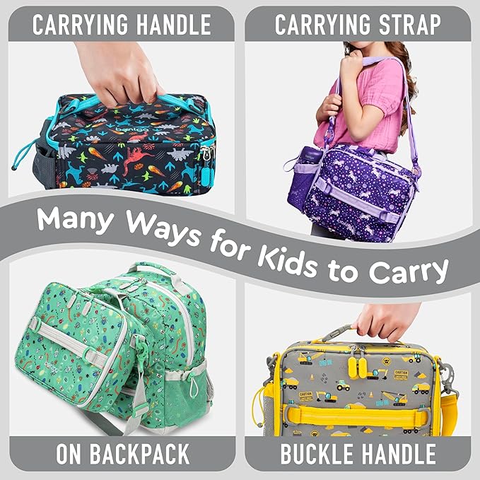 Bentgo Kids Lunch Bag - Durable, Double-Insulated Lunch Bag for Kids 3+; Holds Lunch Box, Water Bottle, & Snacks; Easy-Clean Water-Resistant Fabric & Multiple Zippered Pockets (Construction Trucks)