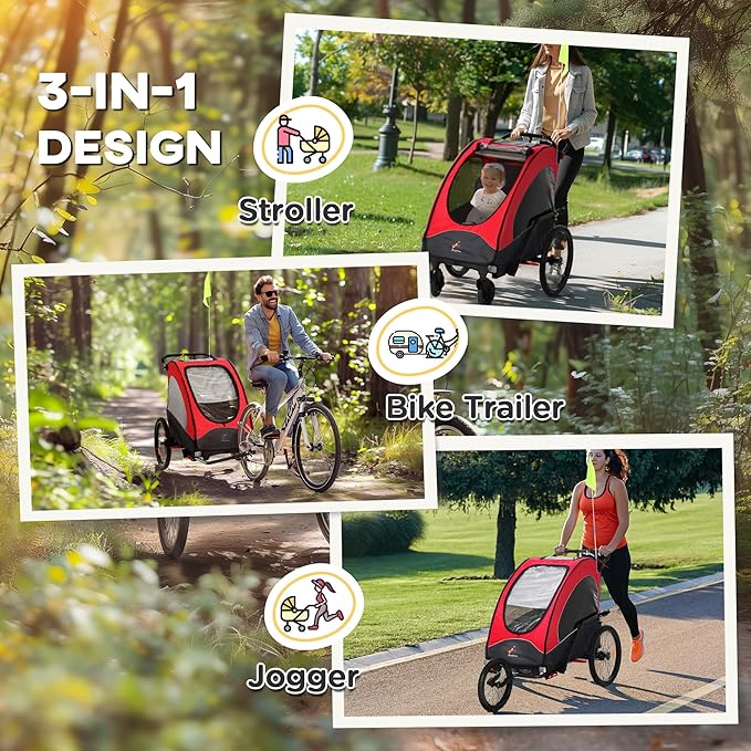 Aosom Bike Trailer for Kids 3 In1 Foldable Child Jogger Stroller Baby Stroller Transport Carrier with Shock Absorber System Rubber Tires Adjustable Handlebar Kid Bicycle Trailer