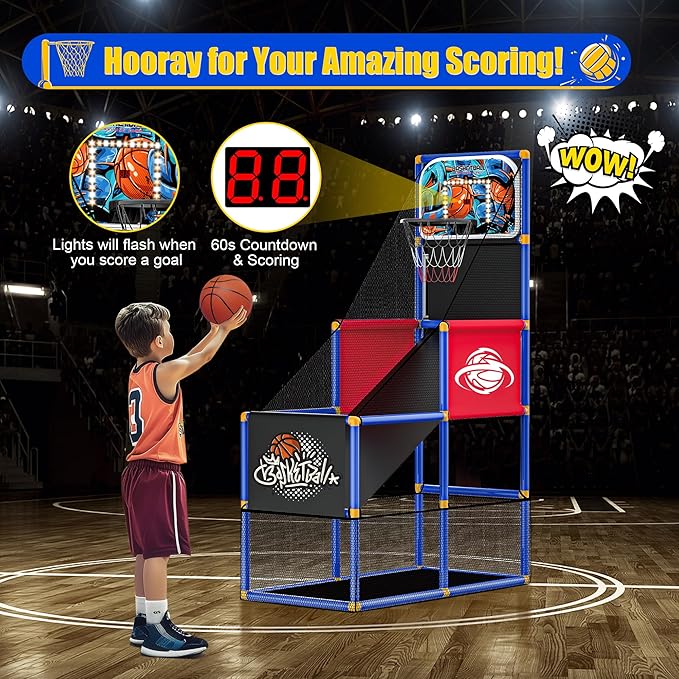 Kids Arcade Basketball Hoop with 4 Balls , Indoor Outdoor Single Shot Basketball Game for Toddler,Carnival Games Sport Toys Gifts for Boys Girls Ages 3-8 Years Old,Ideal for Competition,Pump Included