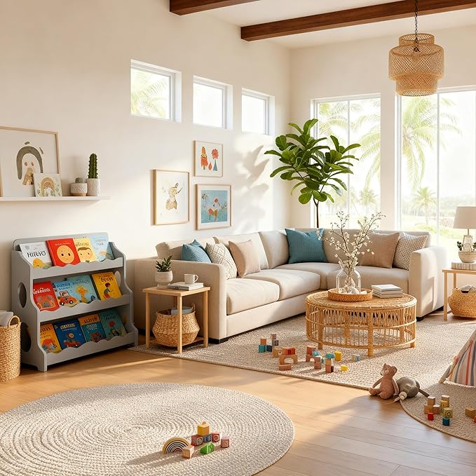 Kids Bookshelf Wooden Montessori Book Shelf Dutch Design 3Tier Scalloped,TranquilGrey