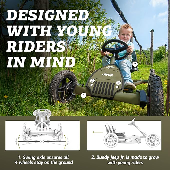 Berg Toys - Buddy Jeep Junior Pedal Go Kart - Go Kart - Go Cart for Kids - Pedal Car Outdoor Toys for Children Ages 3-8 - Ride On-Toy - BFR System - Adjustable Seat - Pedal Kart for Kids (Army Green)