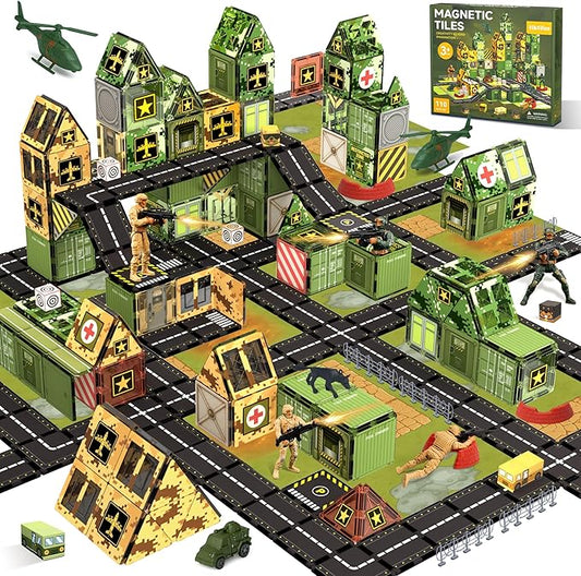 Magnetic Tiles Road Building Toys Set with Magnetic Blocks and Army Toys Accessories, Military Magnetic Blocks for Kids Ages 3-5 4-8, STEM Educational Sensory Magnet Toys Birthday Gifts for Boys Girls