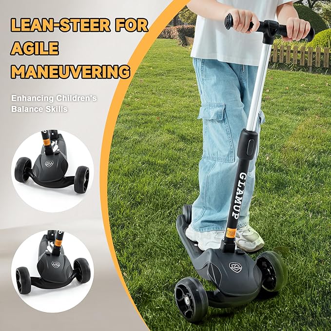 GLAMUP Kids Kick Scooter 3 Wheels, Kids Scooter Height Adjustable Handlebar, Lean-to-Steer System & Easy-Folding Mechanism, Ages 3-14 Boys and Girls