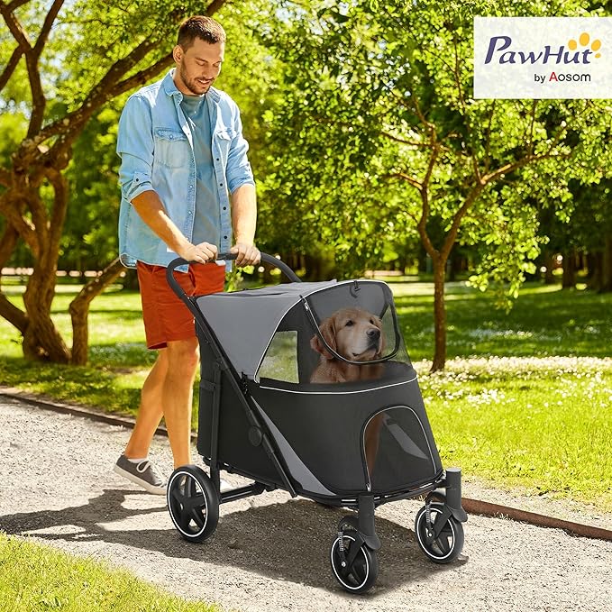 PawHut Dog Stroller for Large Medium Small Dogs up to 66 Lbs. 23.5" in Body Length, One-Click Foldable Pet Cat Stroller with Storage, Shock Absorption Wheels, Mesh Window, Safety Leash, Gray