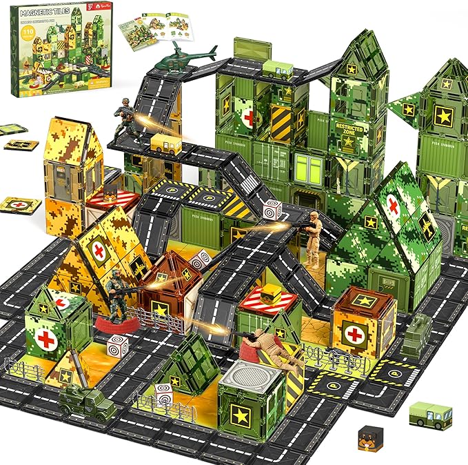 VigorFun Army Magnetic Tiles Building Toys Set for Kids Ages 3-5 4-8, STEM Military Magnetic Blocks with Army Men for Toddler, Educational Sensory Magnet Toys Gifts for Boys Girls Learning Classroom
