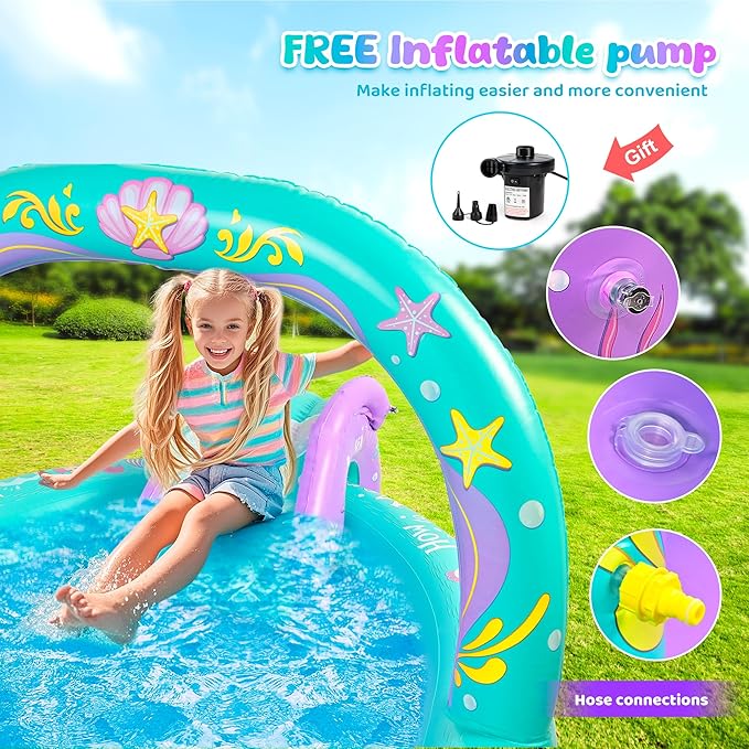 SULIFEEL Mermaid Inflatable Play Center Kiddie Pool with Slide and Sprinkler for Children, 96''x59''x39'' Baby Pool for Backyard and Garden, Free Inflatable Pump