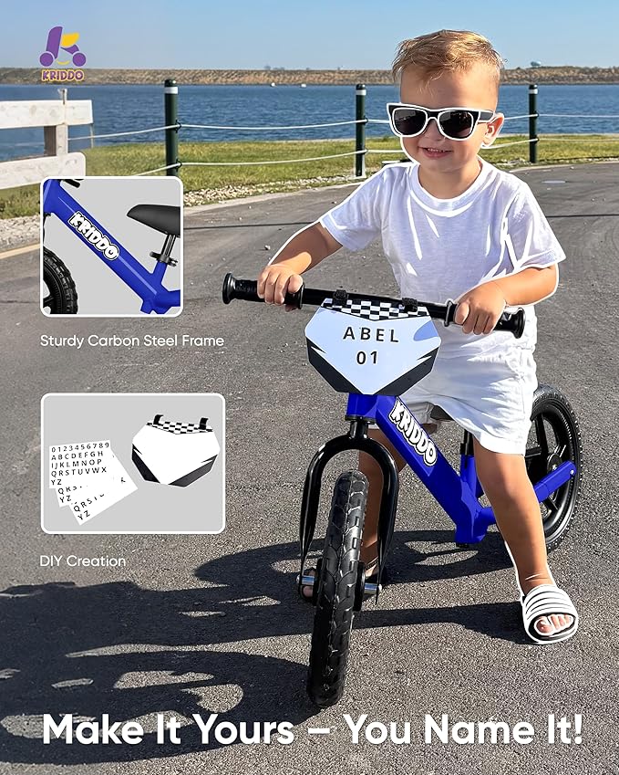 KRIDDO Toddler Balance Bike 2 Year Old, Age 18 Months to 5 Years Old, 12 Inch Push Bicycle with Customize Plate (3 Sets of Stickers Included), Steady Balancing, Gift Bike for 2-3 Boys Girls, Blue