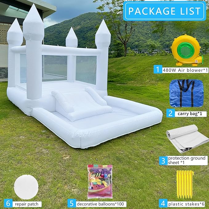Inflatable White Bounce House Professional Jumping Bouncy Castle Bouncer for Wedding Party with Carrying Bag Repair kit (Premium 840D Oxford Cloth 13 * 8.2 * 8.2 ft)