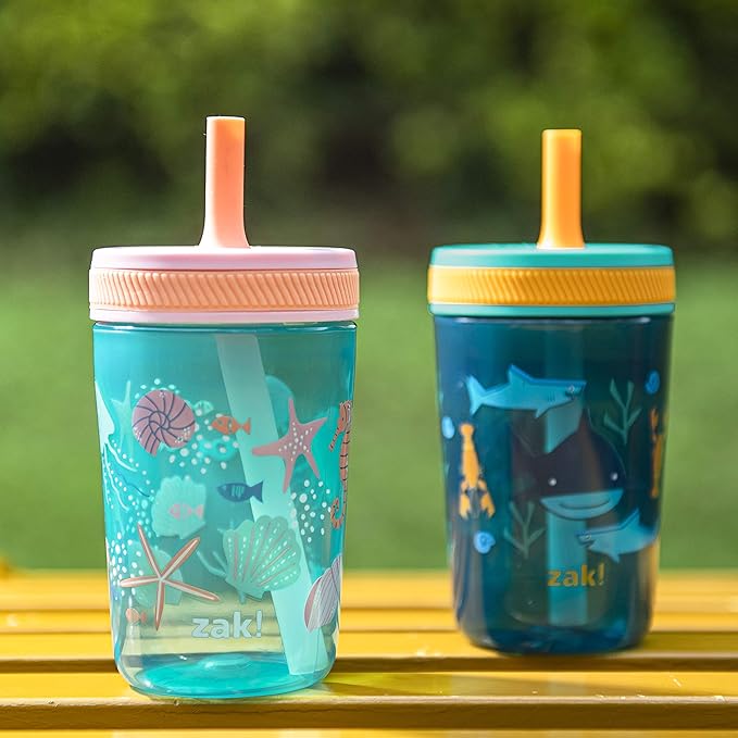 Zak Designs Kelso 15 oz Tumbler Set, (Underwater) Leak-Proof Screw-On Lid with Straw Made of Durable Plastic and Silicone, Perfect Bundle for Kids (2pc Set)