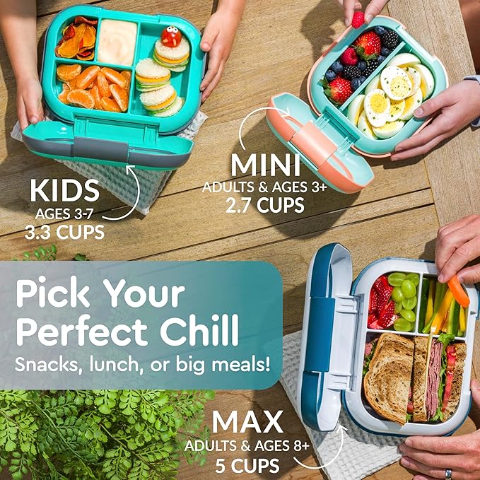 Bentgo Chill Kids Leak-Proof Lunch Box - 4-Compartment Bento Box with Built-In Ice Pack, 3.3 Cup Capacity, PFAS & BPA-Free, Microwave & Dishwasher Safe, Ideal Size for Ages 3 to 7 (Truly Teal)