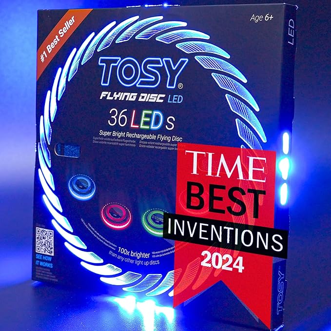 TOSY Flying Disc - 108 RGB Multicolor or 36 Monocolor LEDs, Super Bright, Smart Modes, Christmas Stocking Stuffers Gift, Camping Toy for Kid/Teen/Adult, Auto Light Up, Rechargeable, Waterproof, 175g