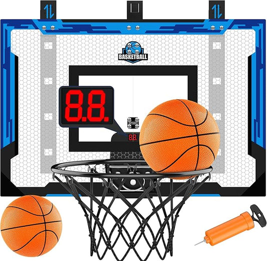 24" x 16" Indoor Large Basketball Hoop Toy - Upgraded Adjustable Height Basketball Hoop Over The Door with Scoreboard/2 Balls, Basketball Toys Christmas Birthday Gifts for Kids & Adults(Blue)