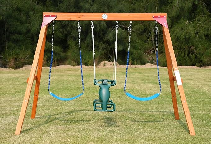 Dolphin Playground DIY Swing Sets for Backyard, Wooden Playground Sets for Backyards with Glider Swing and 2 Belt Swings, Kids Outdoor Play Equipment, Outdoor Playset for Any Swing Replacements