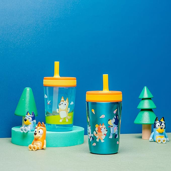 Zak Designs Bluey Kelso Tumbler Set, Leak-Proof Screw-On Lid with Straw, Bundle for Kids Includes Plastic and Stainless Steel Cups with Bonus Sipper, 3pc Set