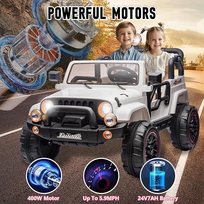 24V XL Kids Electric Ride on Truck Car 2 Seater Remote Control for Toddlers 2-8, 160W 2 Motors 5MPH Max Speed, Bluetooth USB Music Player, LED Lights Safety Belt, Gift for Boys Girls, White