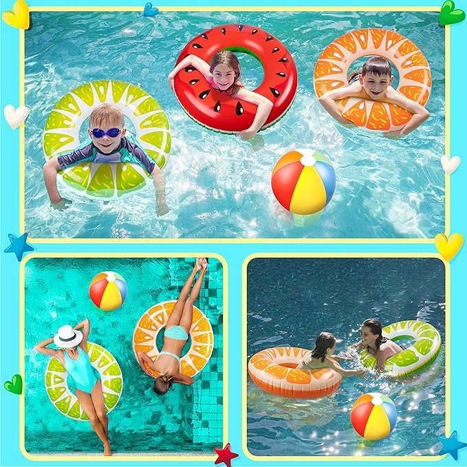90shine 7PCS Fruit Pool Floats: Watermelon Kiwi Orange Lemon Swimming Rings with 13.5" Beach Balls - Inflatable Tubes Floaties Toys for Kids Adults